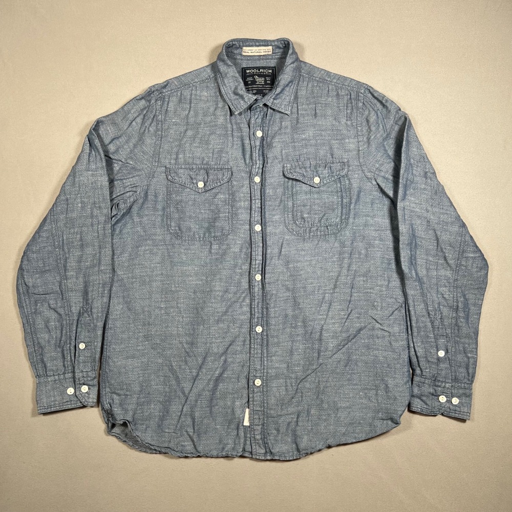 Woolrich Mens Medium Blue Linen Cotton Indigo Blue Button Up Shirt Workshirt
